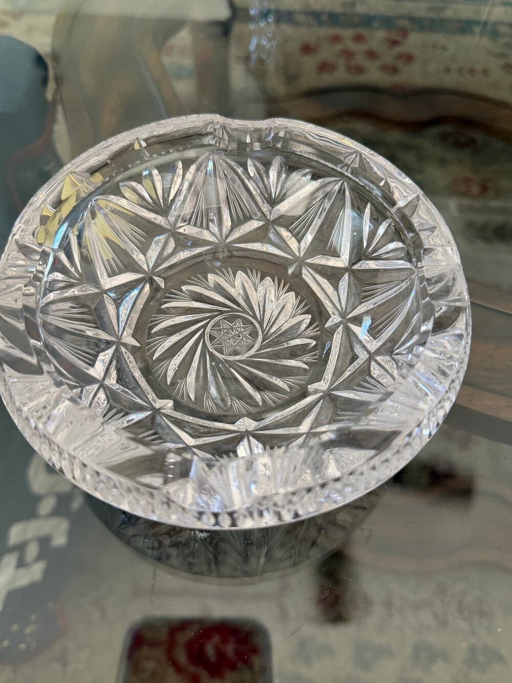 VTG Bohemia Cut Crystal Starburst Hobstar Ashtray Dish Heavy Round Hand Blown
